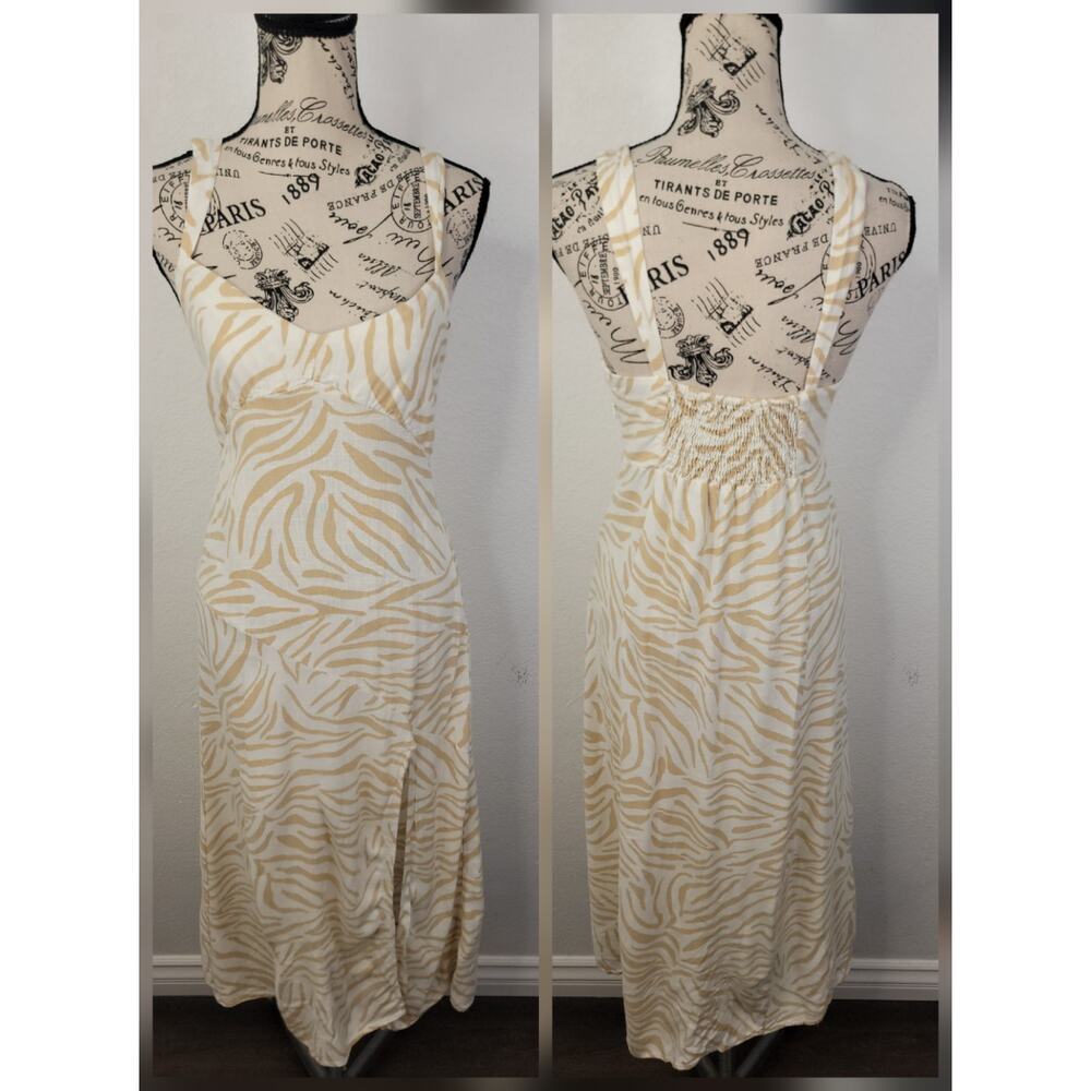 Zara Midi Dress SZ S Animal Print Linen Blend Beachy Bohemian Cottage Lagenlook